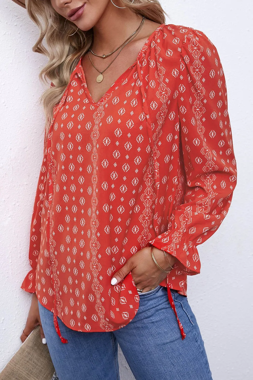Printed Tie Neck Flounce Sleeve Top sold by Goodnight Macaroon product image thumbnail 4