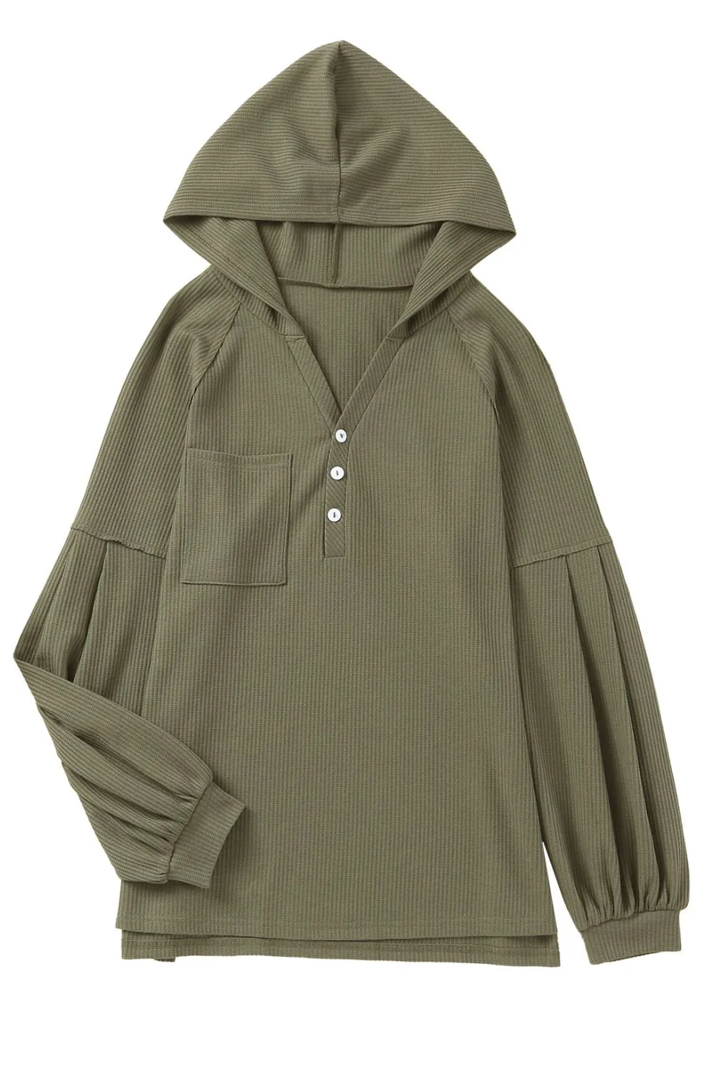 'Dahlia' Puff Sleeve Side Slit Buttoned Waffle Knit Hoodie (2 Colors) sold by Goodnight Macaroon product image thumbnail 3