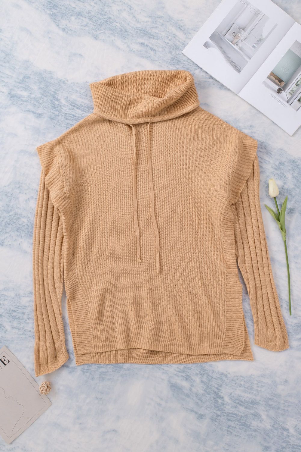 'Xandra' Drawstring Cowl Neck Side Slit Tunic Sweater sold by Goodnight Macaroon product image thumbnail 6