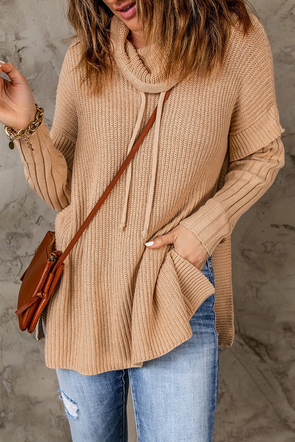 'Xandra' Drawstring Cowl Neck Side Slit Tunic Sweater sold by Goodnight Macaroon product image thumbnail 3