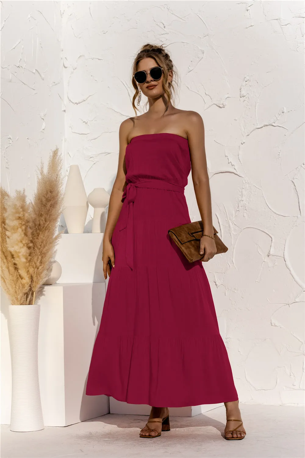Strapless Tie Waist Tiered Maxi Dress sold by Goodnight Macaroon product image thumbnail 4