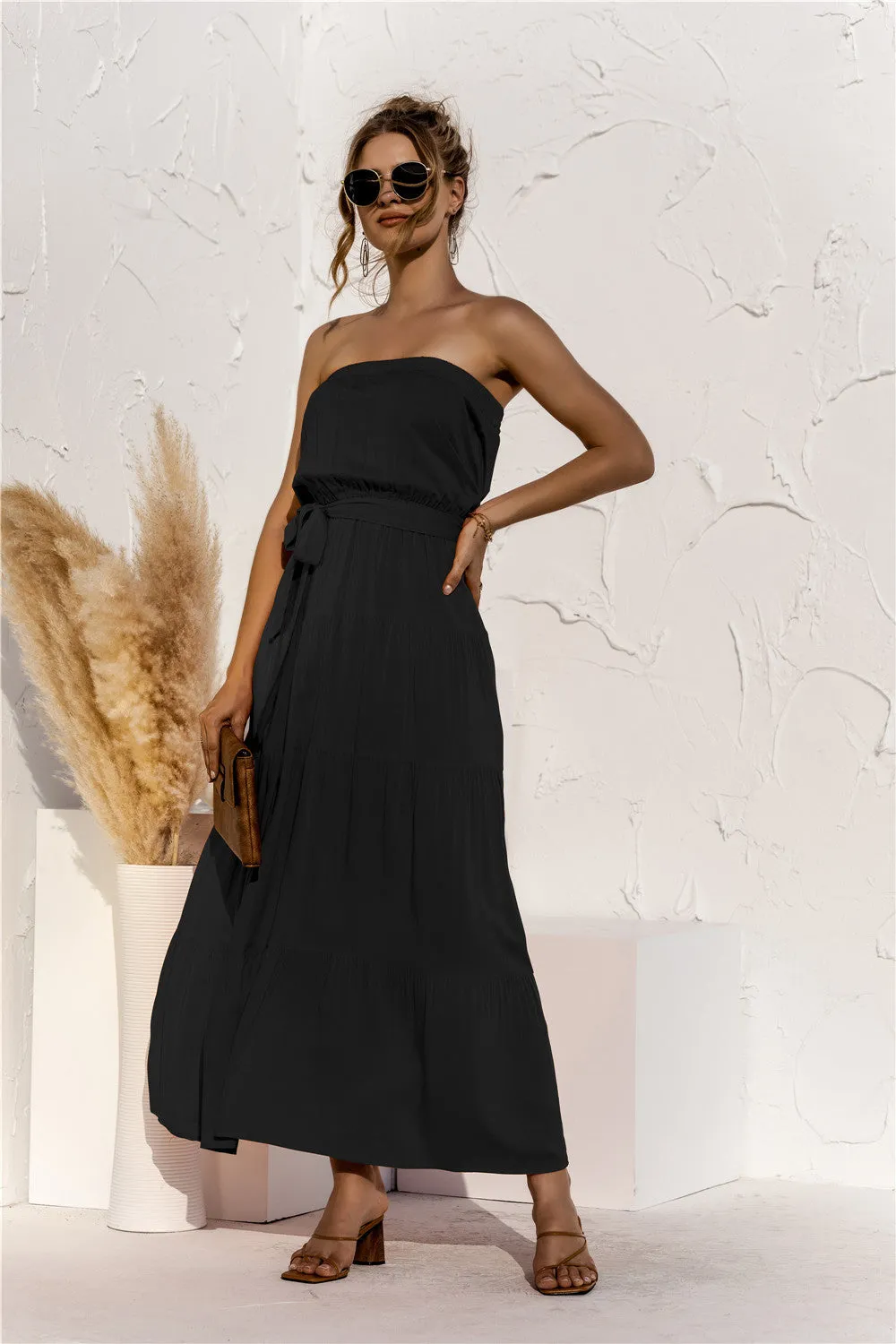 Strapless Tie Waist Tiered Maxi Dress sold by Goodnight Macaroon product image thumbnail 2