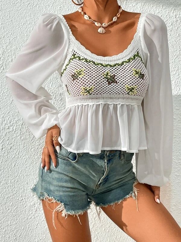 Embroidery Patchwork Tulle Blouse #164723 sold by Goodnight Macaroon