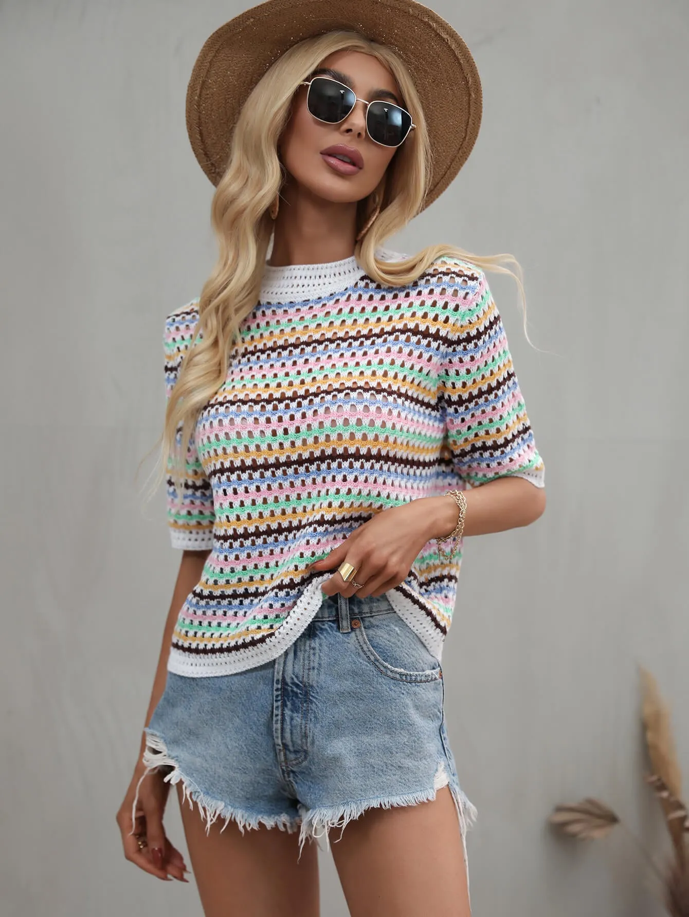 'Zuri' Striped Openwork Half Sleeve Knit Top (6 Colors) sold by Goodnight Macaroon product image thumbnail 4