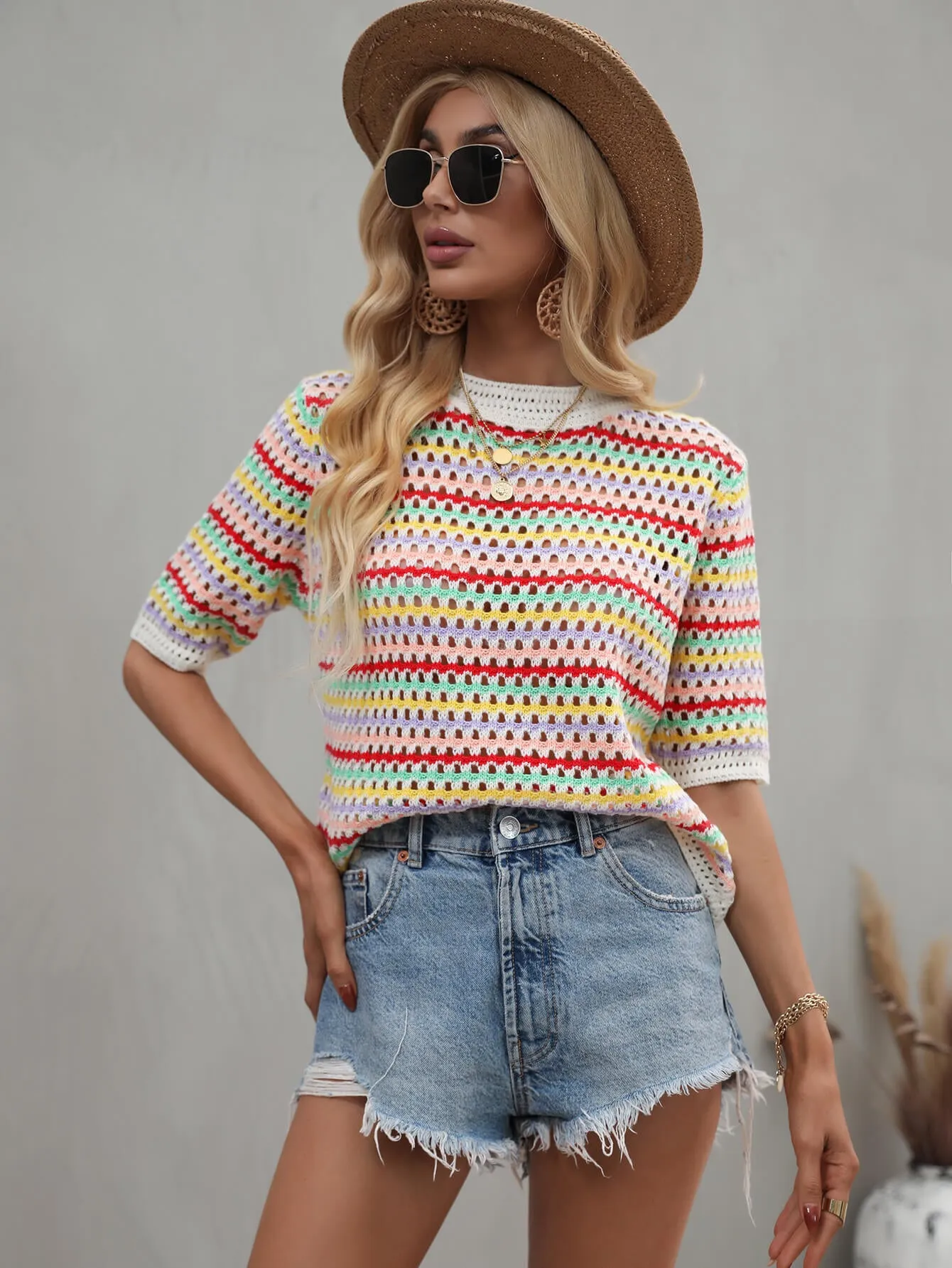 'Zuri' Striped Openwork Half Sleeve Knit Top (6 Colors) sold by Goodnight Macaroon product image thumbnail 2