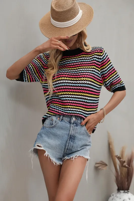 'Zuri' Striped Openwork Half Sleeve Knit Top (6 Colors) sold by Goodnight Macaroon