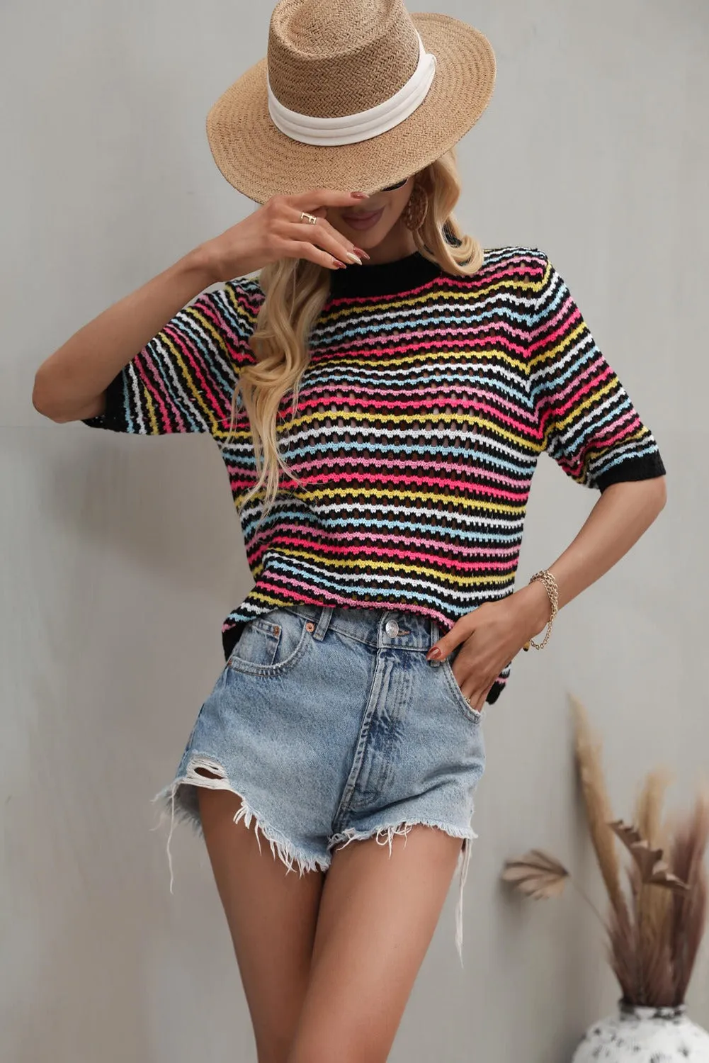 'Zuri' Striped Openwork Half Sleeve Knit Top (6 Colors) sold by Goodnight Macaroon