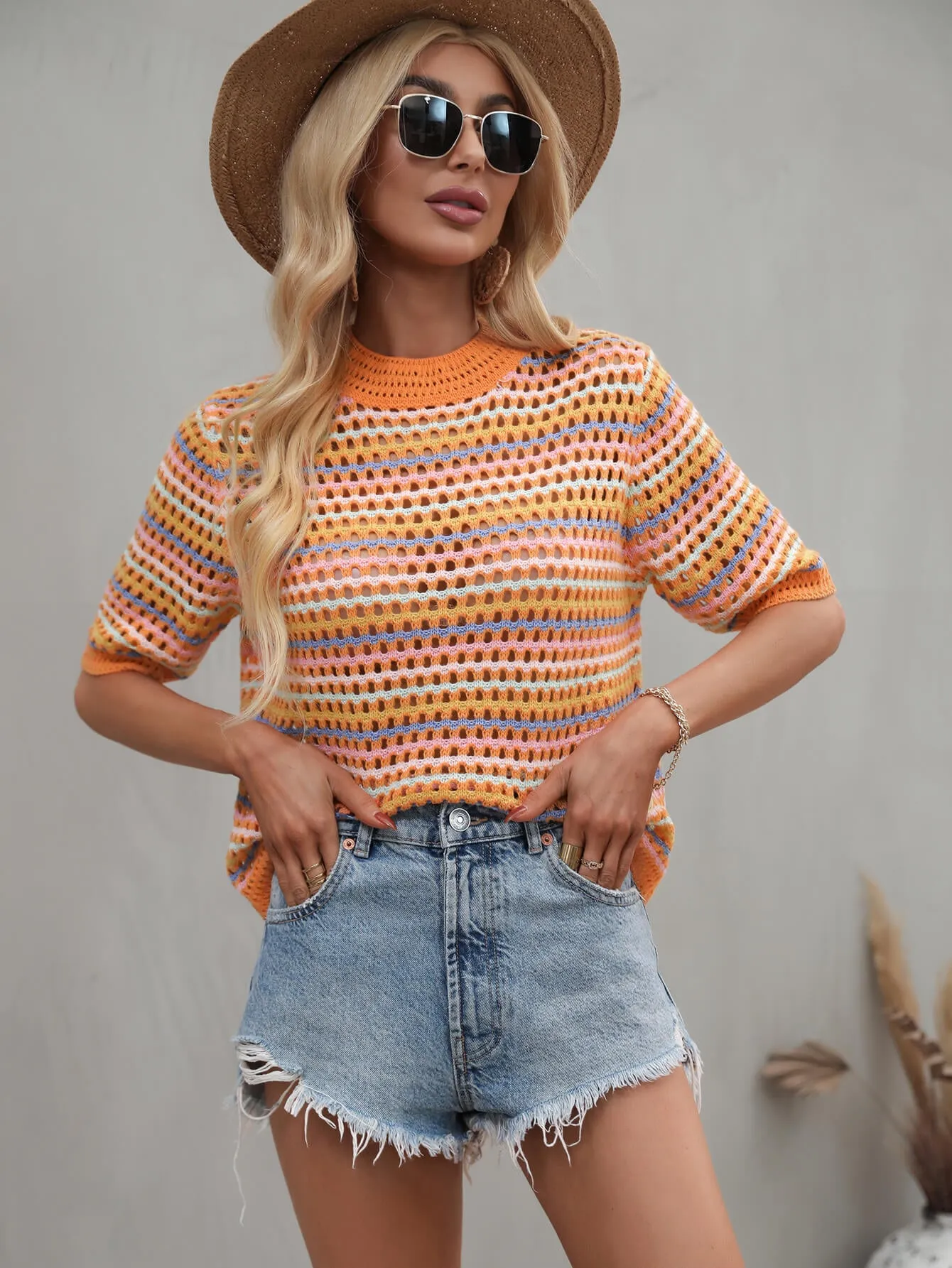 'Zuri' Striped Openwork Half Sleeve Knit Top (6 Colors) sold by Goodnight Macaroon product image thumbnail 5