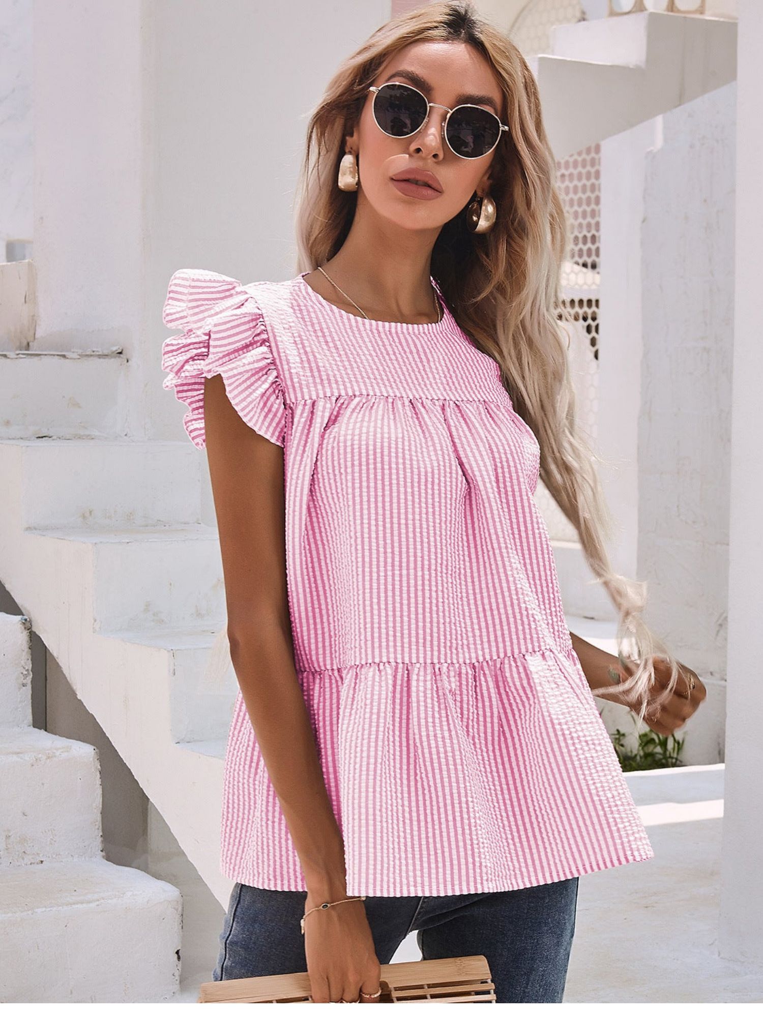 'Hollie' Round Neck Ruffle Sleeve Striped Top sold by Goodnight Macaroon