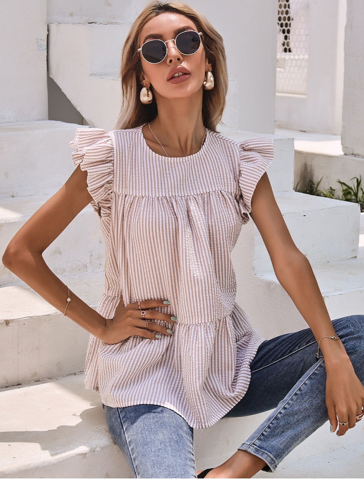 'Hollie' Round Neck Ruffle Sleeve Striped Top sold by Goodnight Macaroon product image thumbnail 4