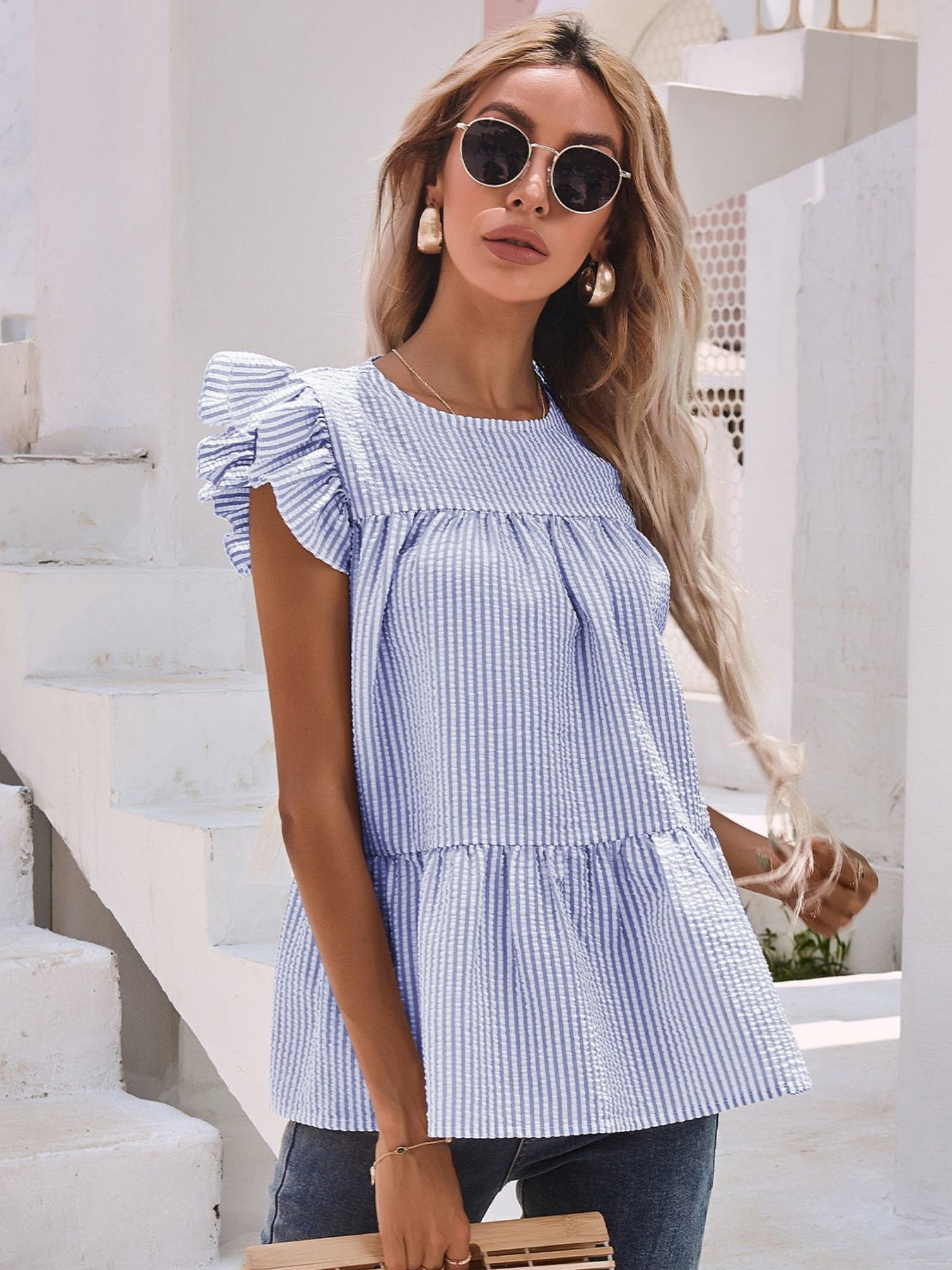 'Hollie' Round Neck Ruffle Sleeve Striped Top sold by Goodnight Macaroon product image thumbnail 3