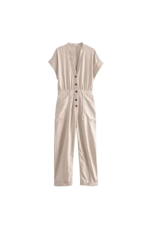 'Irina' Linen-Blend Straight Leg Long Jumpsuit sold by Goodnight Macaroon