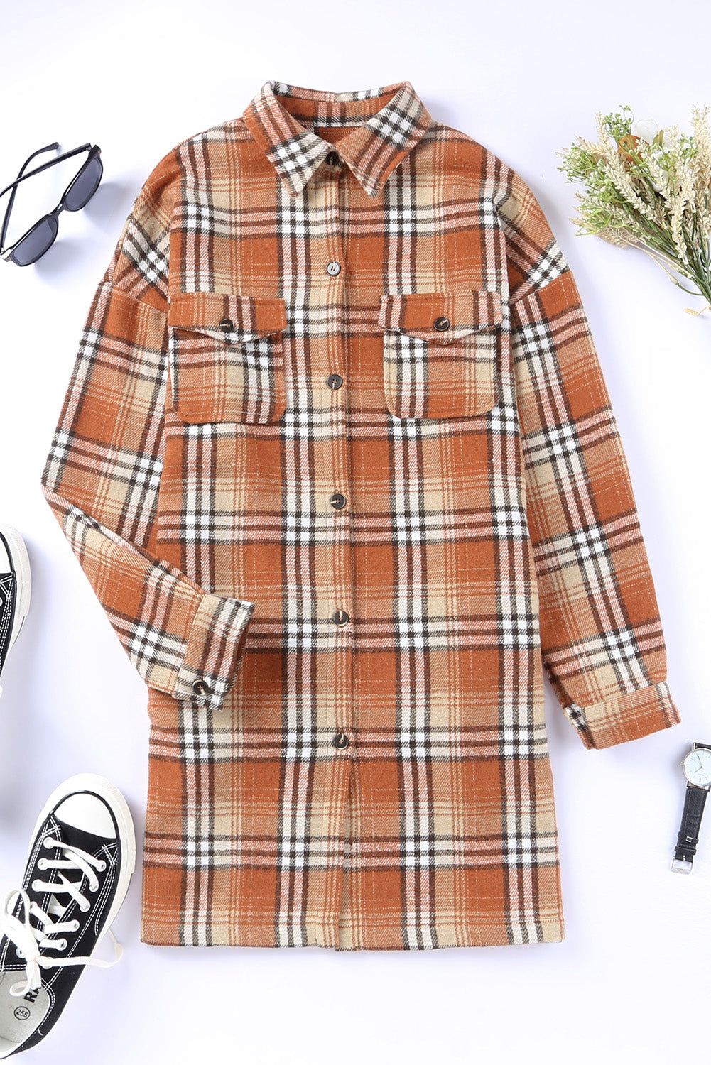 'Winona' Plaid Drop Shoulder Side Slit Shirt Dress sold by Goodnight Macaroon product image thumbnail 5