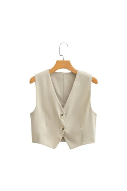 ' Evan' Linen-Blend Sleeveless V-Neck Crop Vest sold by Goodnight Macaroon