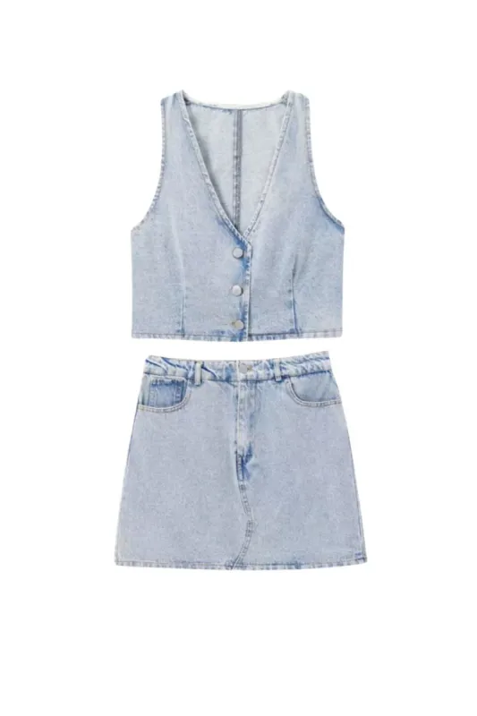 'Mia' V-Neck Denim Vest & Mini Skirt Set  (Sold Separately) sold by Goodnight Macaroon