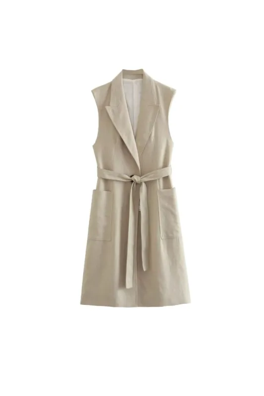 'Olivia' Linen Blend Belted Mid-Length Vest sold by Goodnight Macaroon