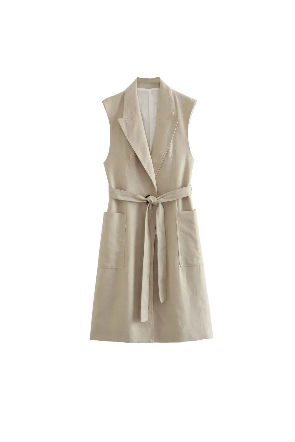 'Olivia' Linen Blend Belted Mid-Length Vest sold by Goodnight Macaroon