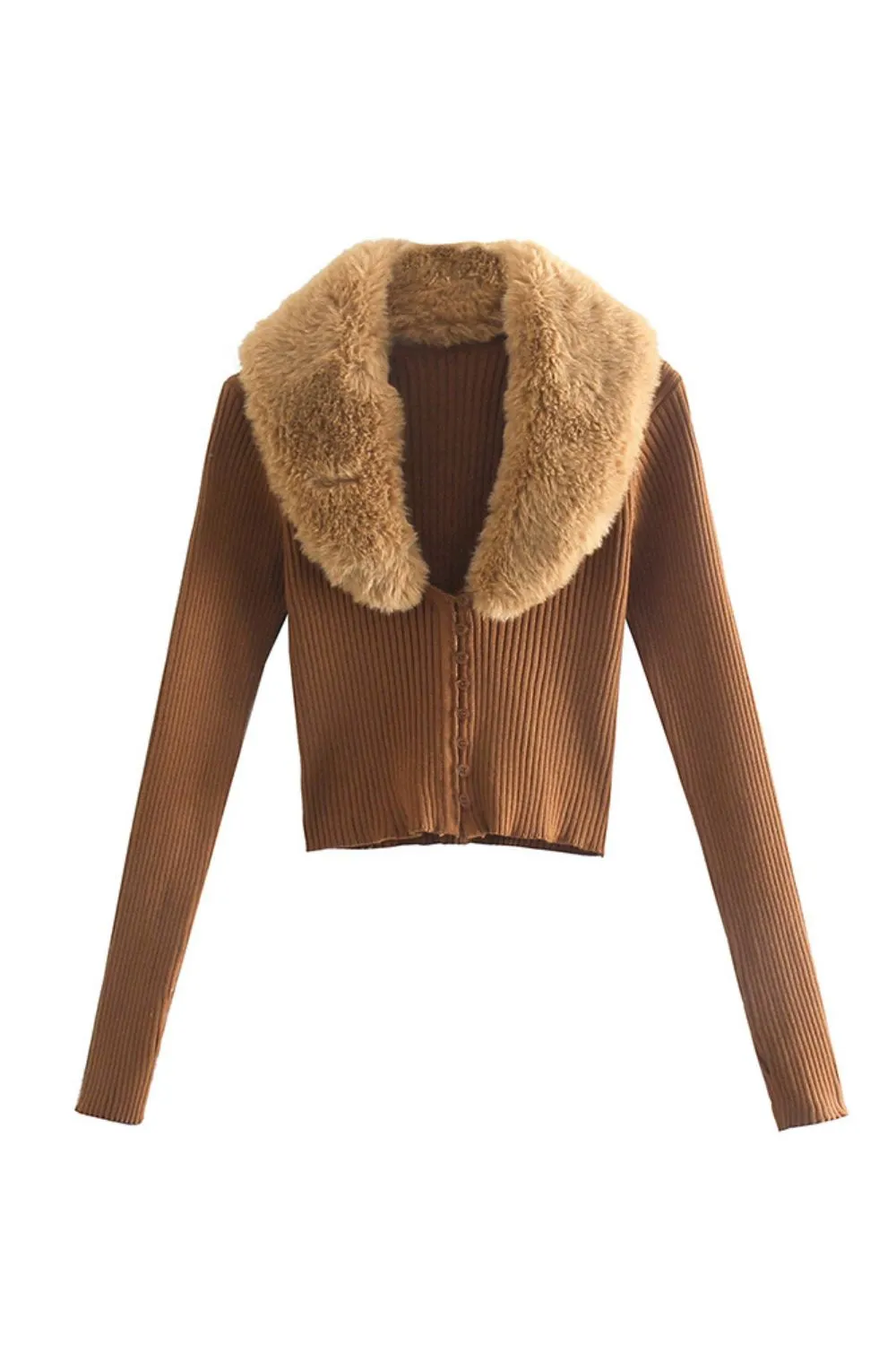 'Carson' Slim-Fit Faux Fur Collar Open-Front Knit Sweater sold by Goodnight Macaroon product image thumbnail 3