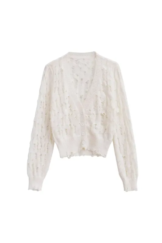 'Lily' Ripped-Detail Cropped Knit Jacket sold by Goodnight Macaroon