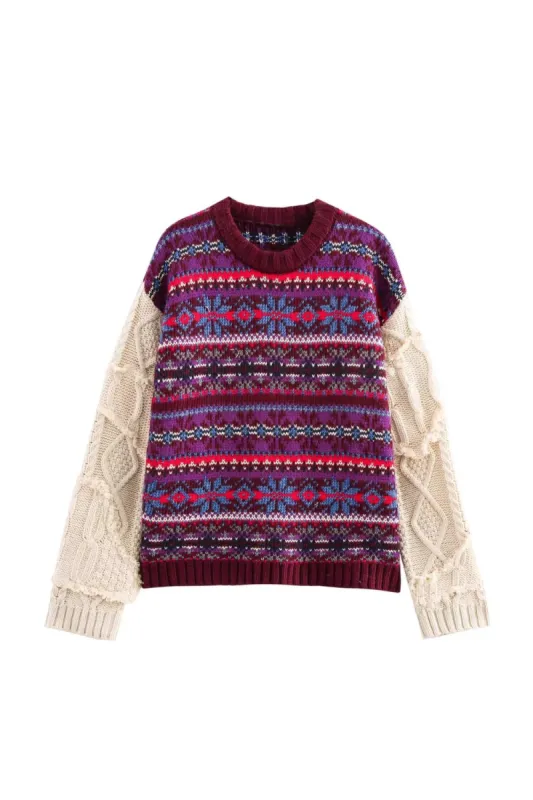 'Naomi' Stylish Jacquard Patchwork Round-Neck Sweater made by Goodnight Macaroon
