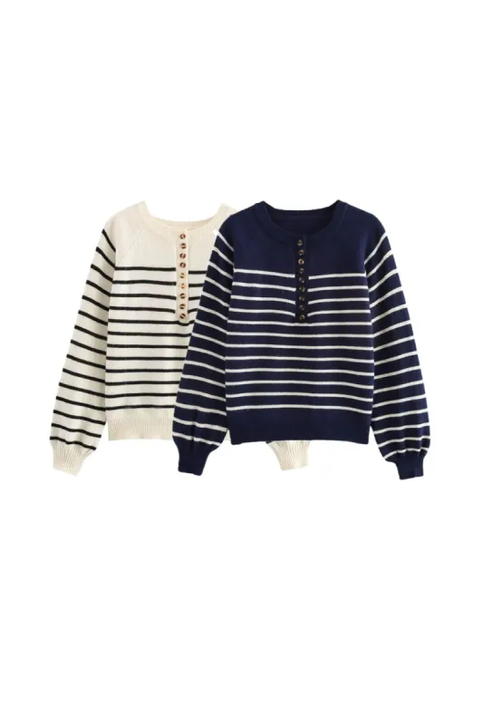 'Kennedy' Button-Down Retro Striped Puff Sleeve Sweater sold by Goodnight Macaroon