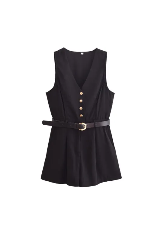 'Maria' V-Neck Belted Short Jumpsuit sold by Goodnight Macaroon