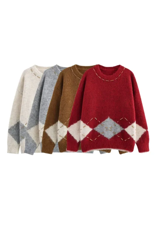 'Iris' Diamond-Knit Round-Neck Long-Sleeve Sweater made by Goodnight Macaroon