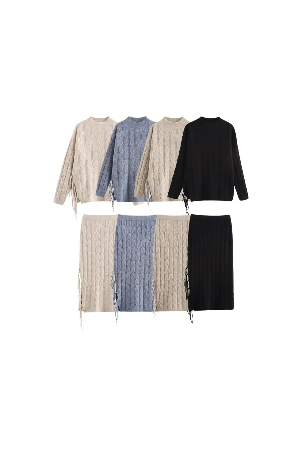 'Ava' Twisted Cable Pullover & Fringe Skirt Knit Set sold by Goodnight Macaroon