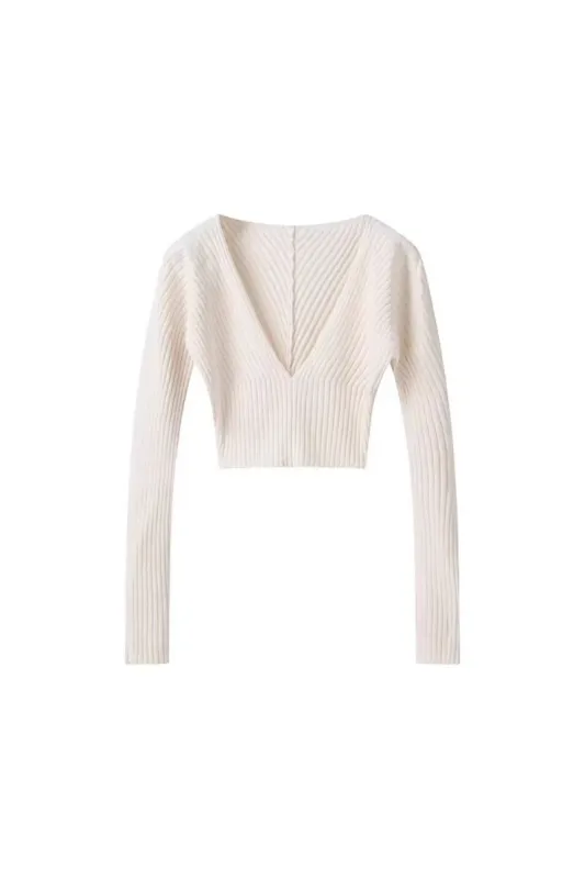 'Harper' Cropped V-Neck Long Sleeve Knit Sweater sold by Goodnight Macaroon