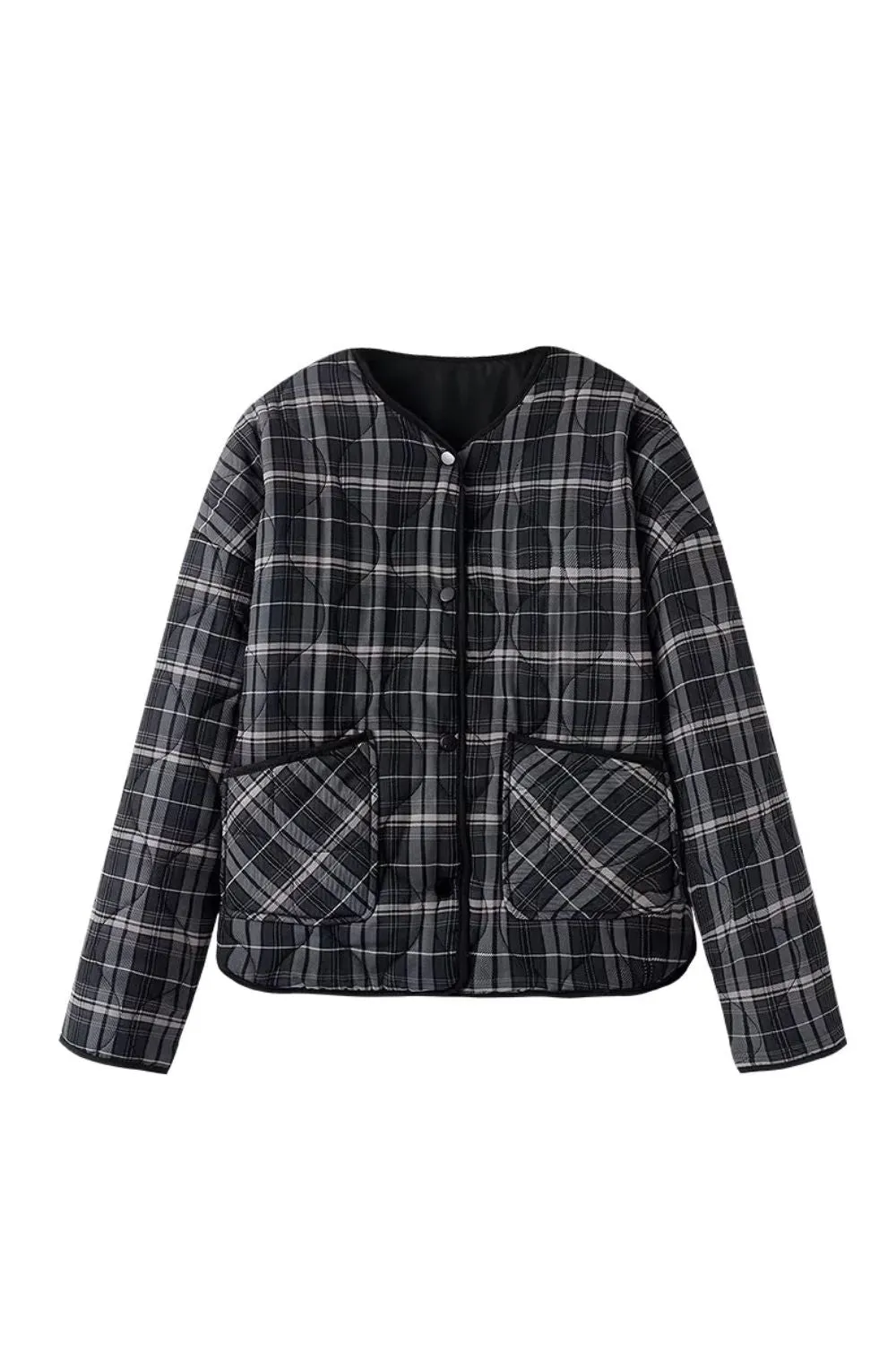 'Justine' Stylish Plaid Round-Neck Cotton Jacket sold by Goodnight Macaroon product image thumbnail 3