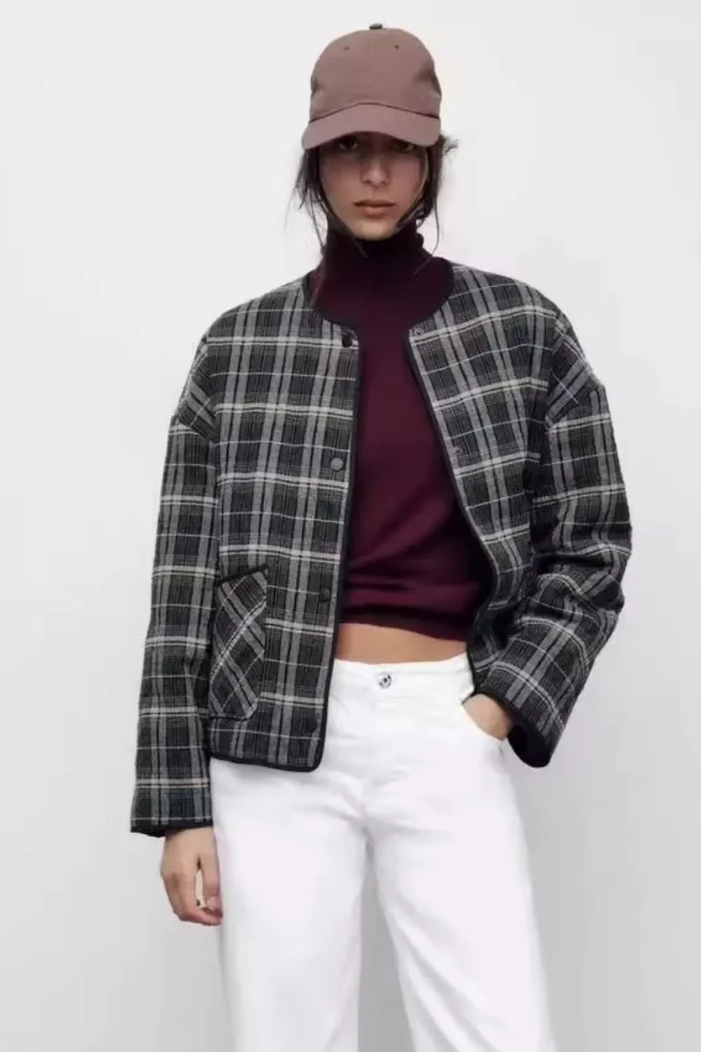 'Justine' Stylish Plaid Round-Neck Cotton Jacket sold by Goodnight Macaroon product image thumbnail 2