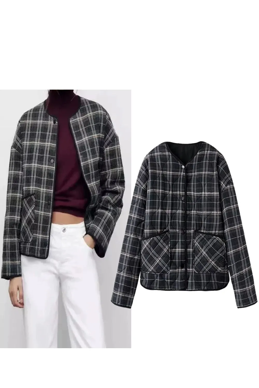 'Justine' Stylish Plaid Round-Neck Cotton Jacket sold by Goodnight Macaroon