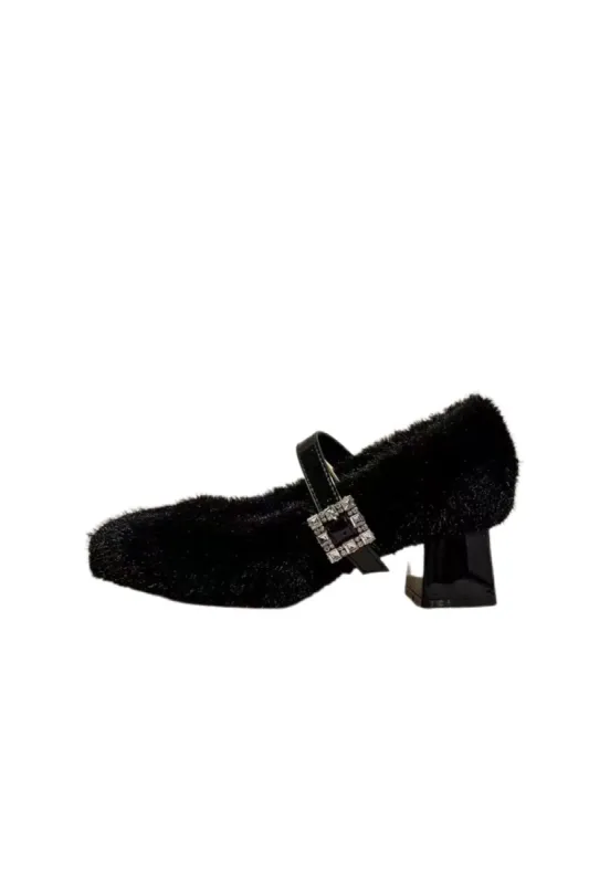 ’Mia‘ Chic Fur-Lined Chunky Heels featuring Rhinestone Details sold by Goodnight Macaroon