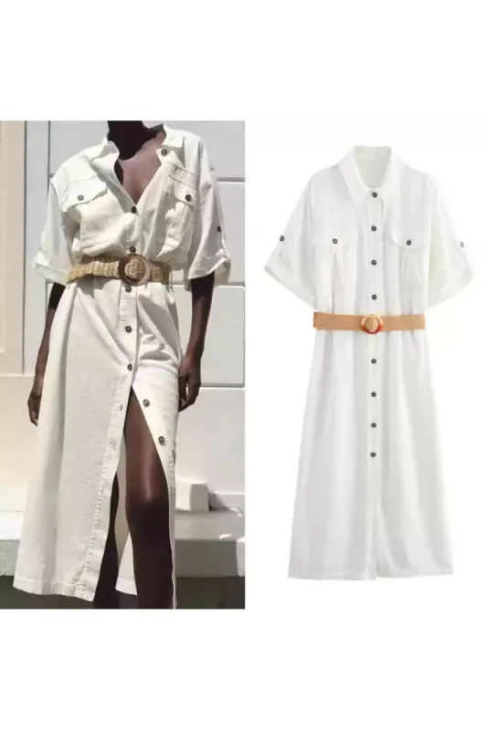 'Charlotte' Linen-Cotton Pocket Dress with Belt sold by Goodnight Macaroon