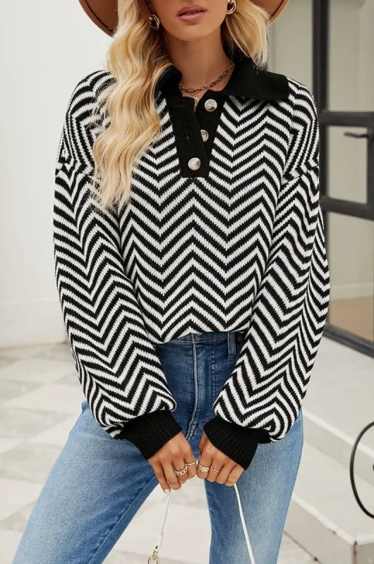 Striped Collared Neck Buttoned Pullover Sweater sold by Goodnight Macaroon
