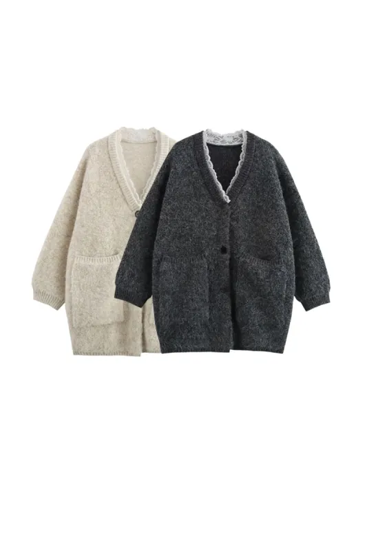 ' Sienna' Lace-Edged Shawl Collar V-Neck Cardigan (2 color) made by Goodnight Macaroon