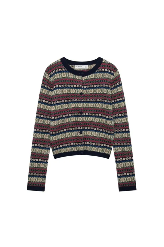 'Abbey' Color-blocked Ribbed-Collar Long-Sleeve Knitted Cardigan sold by Goodnight Macaroon