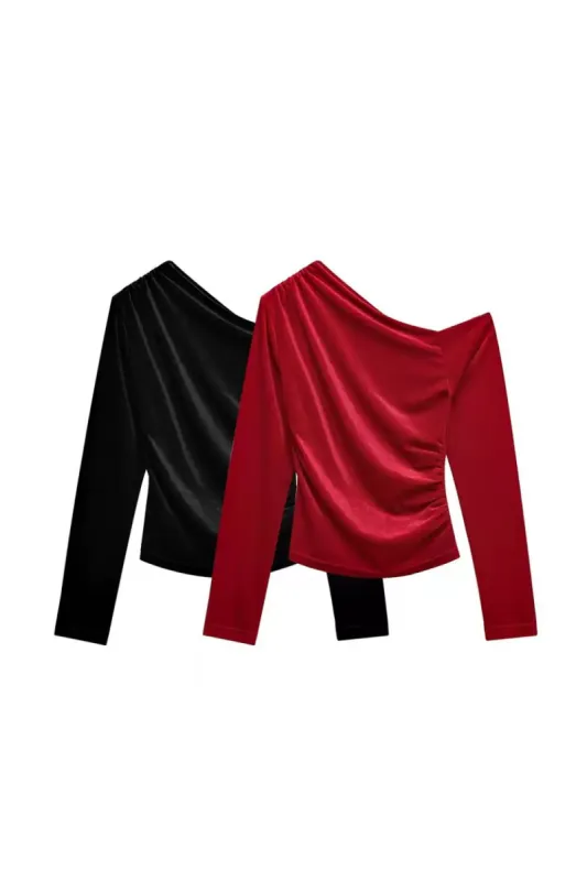 'Claire' Asymmetric Pleated Velvet Top (2 color) sold by Goodnight Macaroon