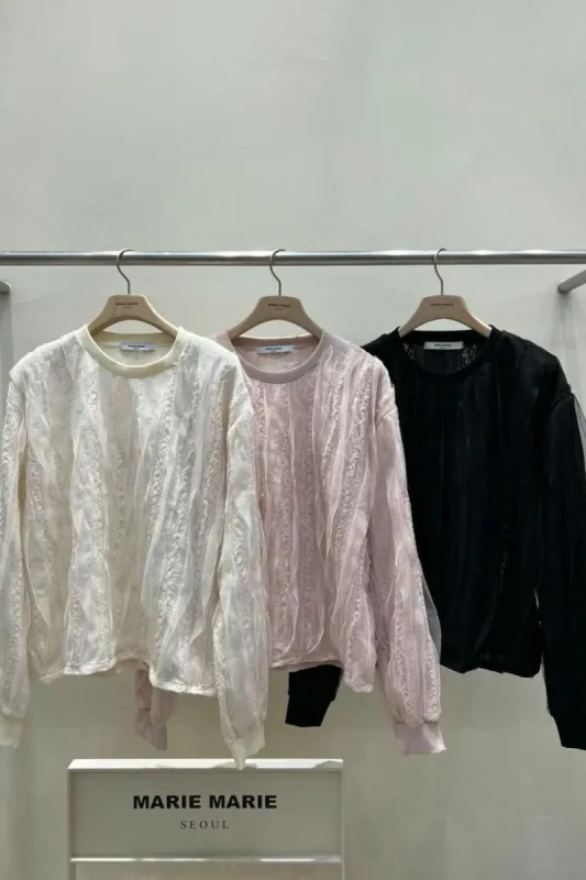 Round-Neck Ruffled Laced Long Sleeve Blouse by Marie Marie (3 Colors) sold by Goodnight Macaroon