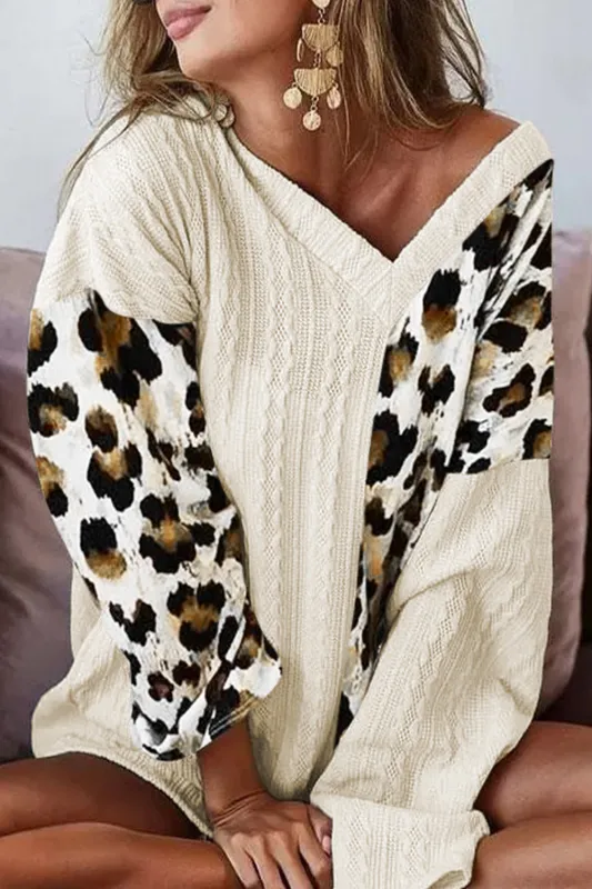 'Amanda' Leopard Sleeve V-neck Sweater sold by Goodnight Macaroon