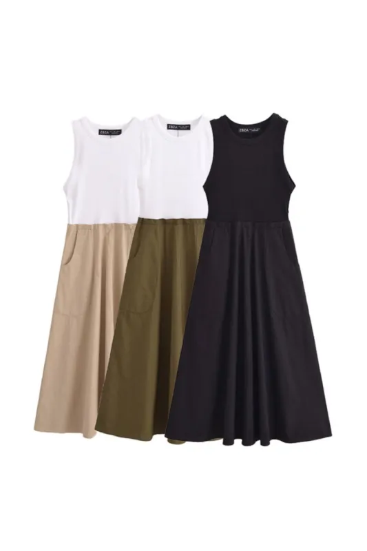 'Hazel' Casual Patchwork Midi Dress with Pockets sold by Goodnight Macaroon