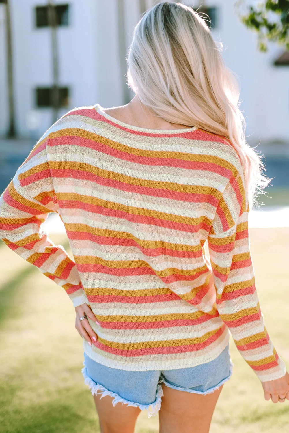 Striped Round Neck Dropped Shoulder Pullover Sweater sold by Goodnight Macaroon product image thumbnail 2