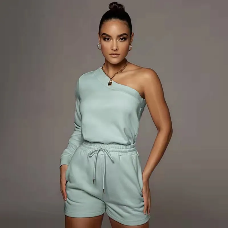 Urban Casual Solid Color Pullover off-the-Shoulder Shorts Women Fleece Lined Slim Fit Long Sleeve Sweater Set made by Goodnight Macaroon