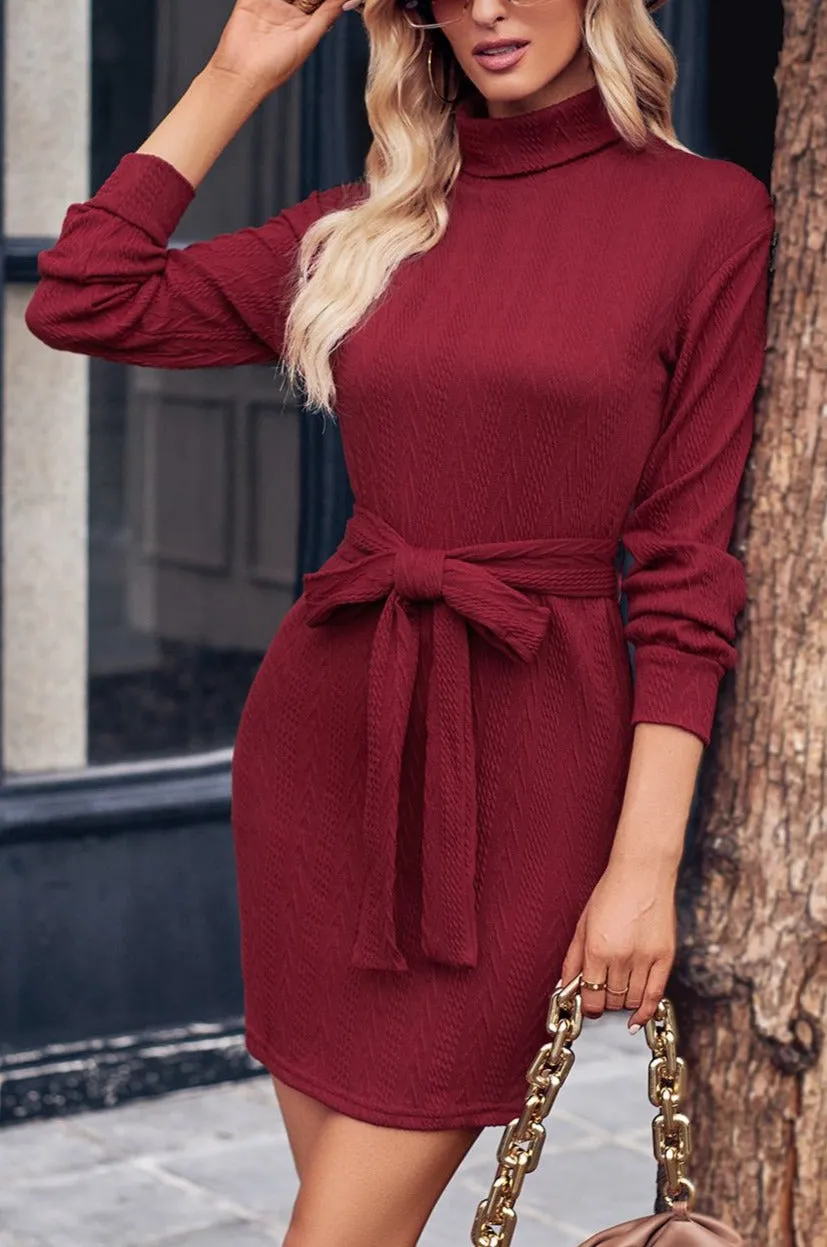 Turtle Neck Long Sleeve Tie Belt Mini Dress sold by Goodnight Macaroon