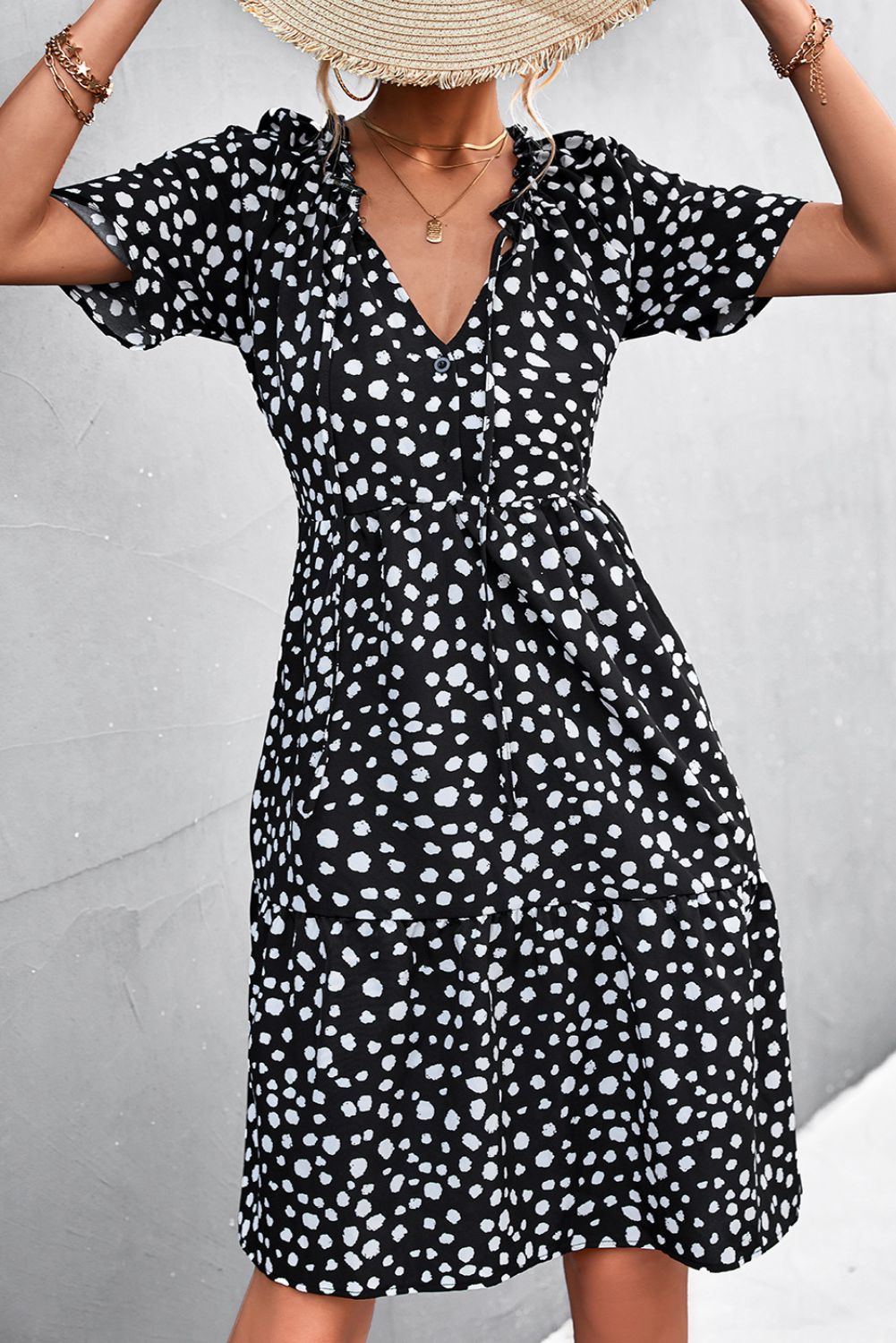 'Aubrielle' Ruffled V-neck Lace-up Dot Dress ( 3 COLORS ) sold by Goodnight Macaroon product image thumbnail 2