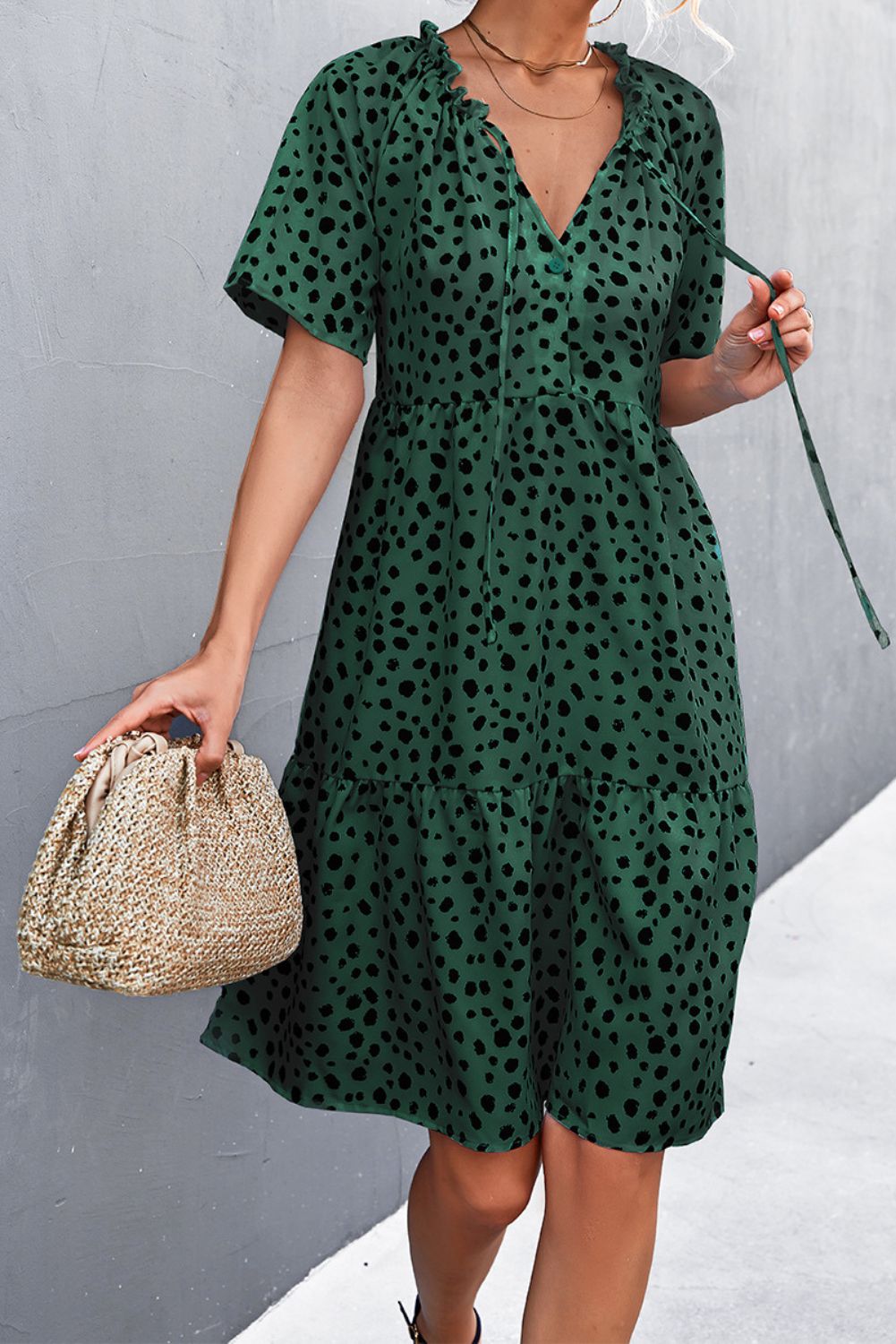 'Aubrielle' Ruffled V-neck Lace-up Dot Dress ( 3 COLORS ) sold by Goodnight Macaroon product image thumbnail 4