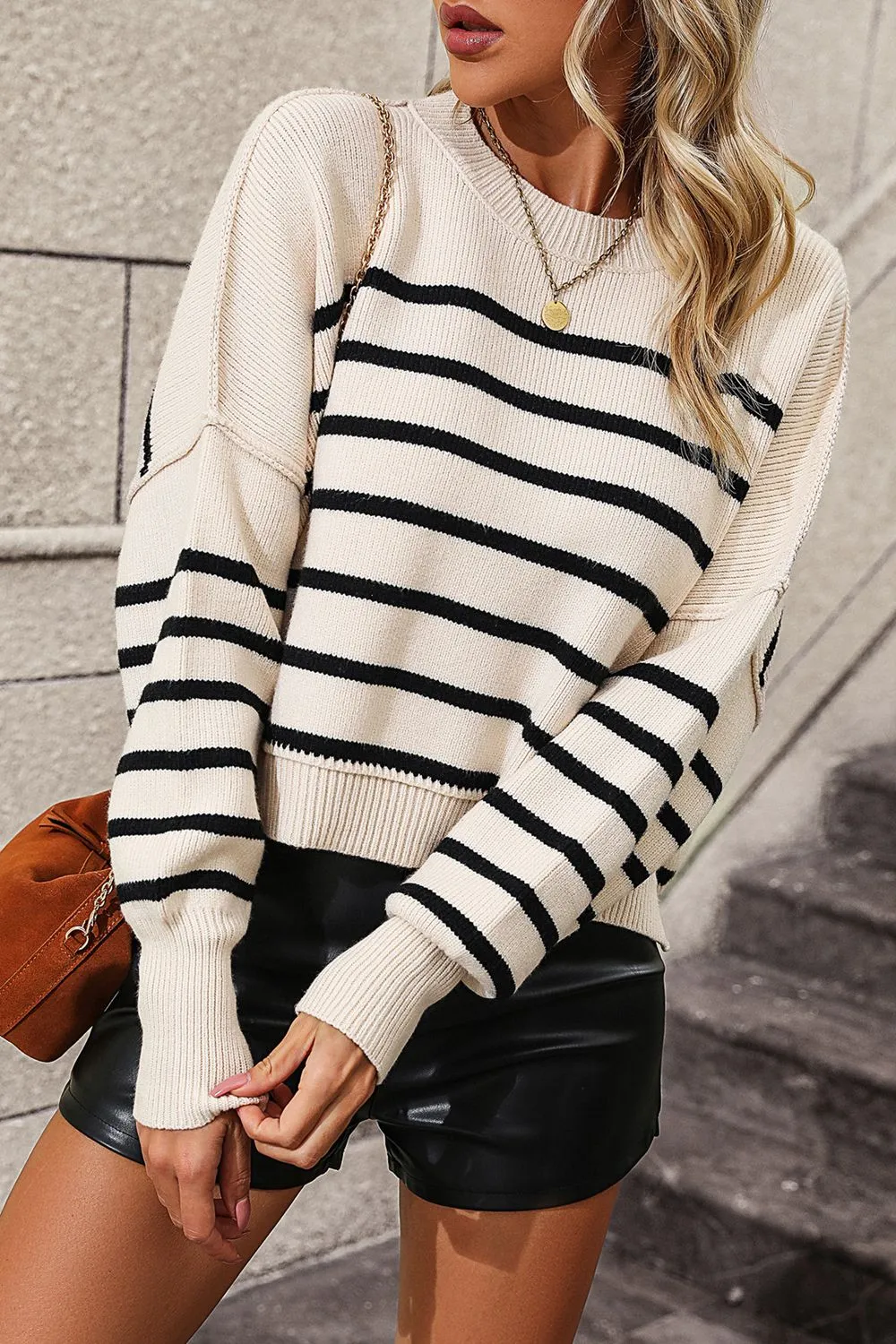 Striped Dropped Shoulder Round Neck Pullover Sweater sold by Goodnight Macaroon