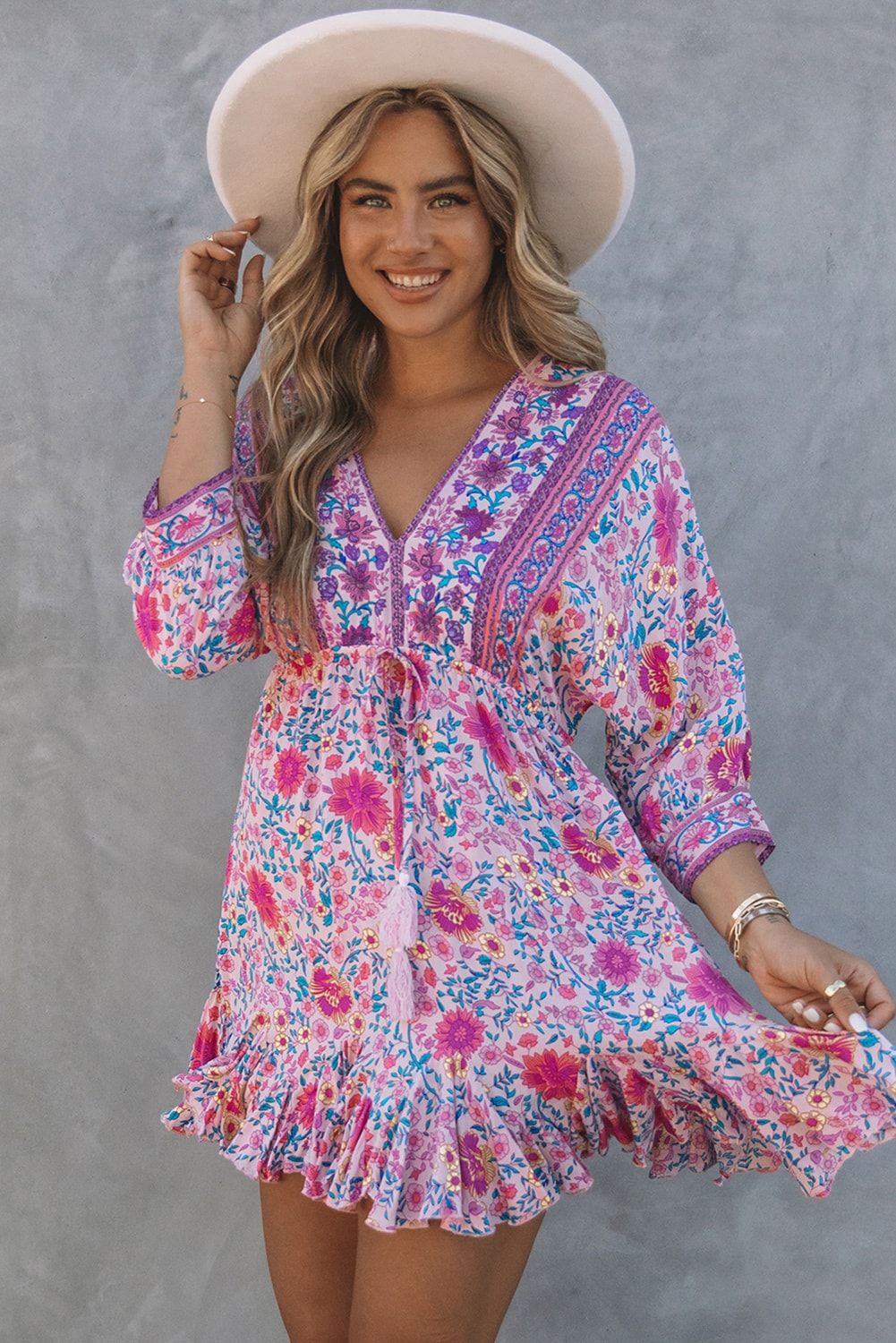 'Jenna' V-neck Bohemian Print Pink Tassel Dress sold by Goodnight Macaroon