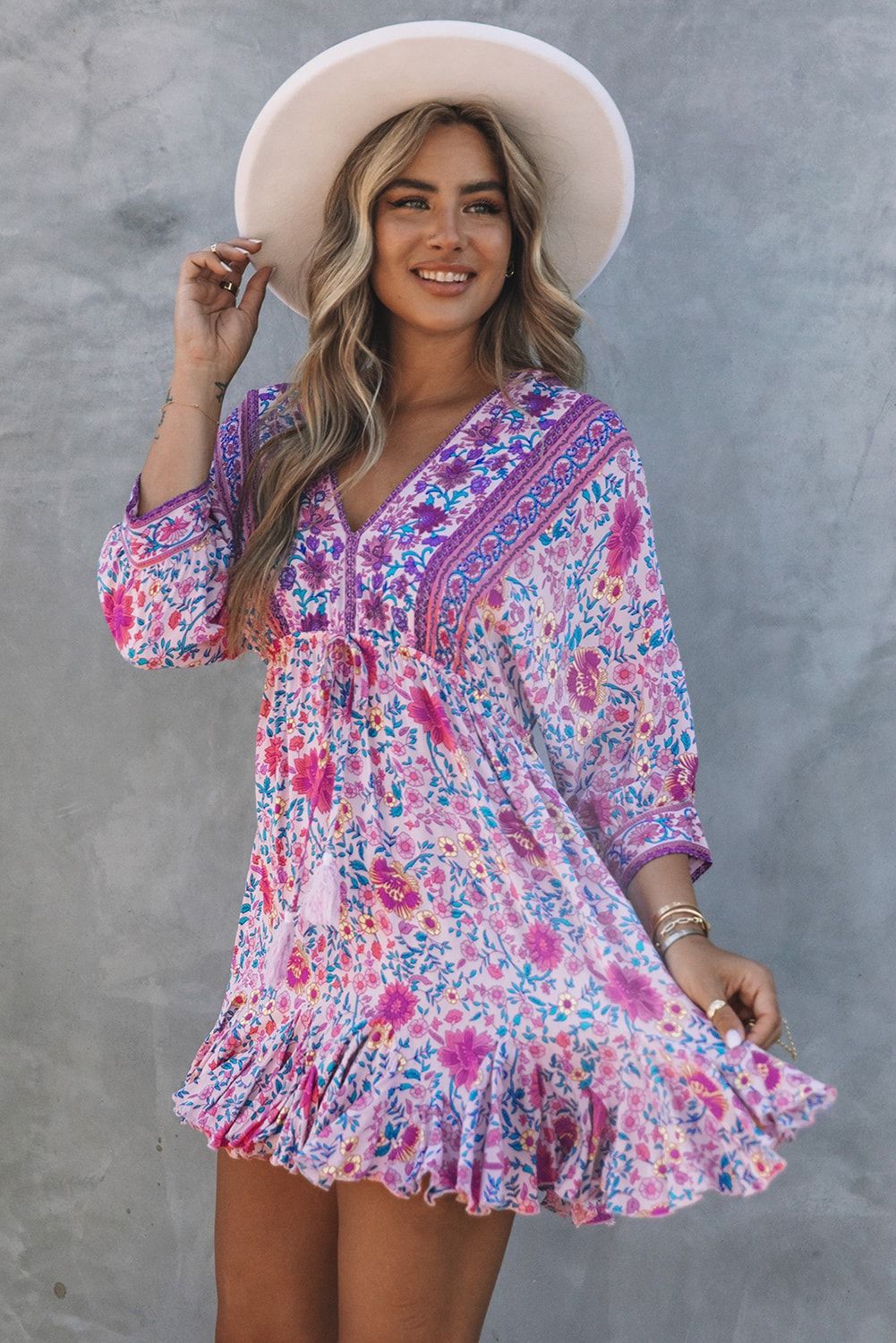 'Jenna' V-neck Bohemian Print Pink Tassel Dress sold by Goodnight Macaroon product image thumbnail 2