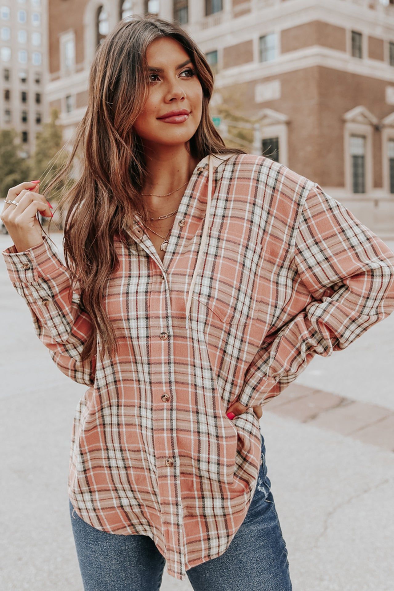 Peach Plaid Shacket #105055 sold by Goodnight Macaroon product image thumbnail 5